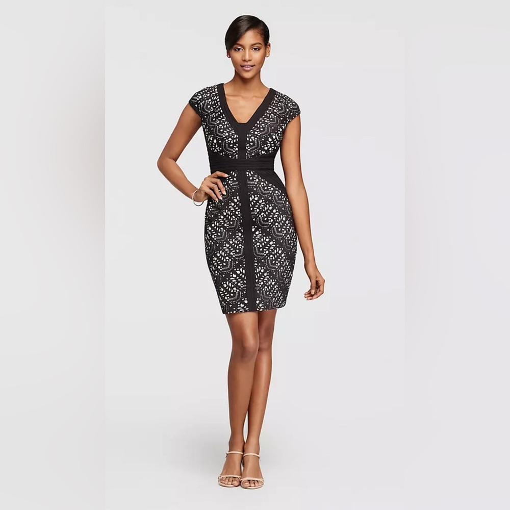 Short Sleeve V-Neck Laser Cut Pattern Dress | Size 2